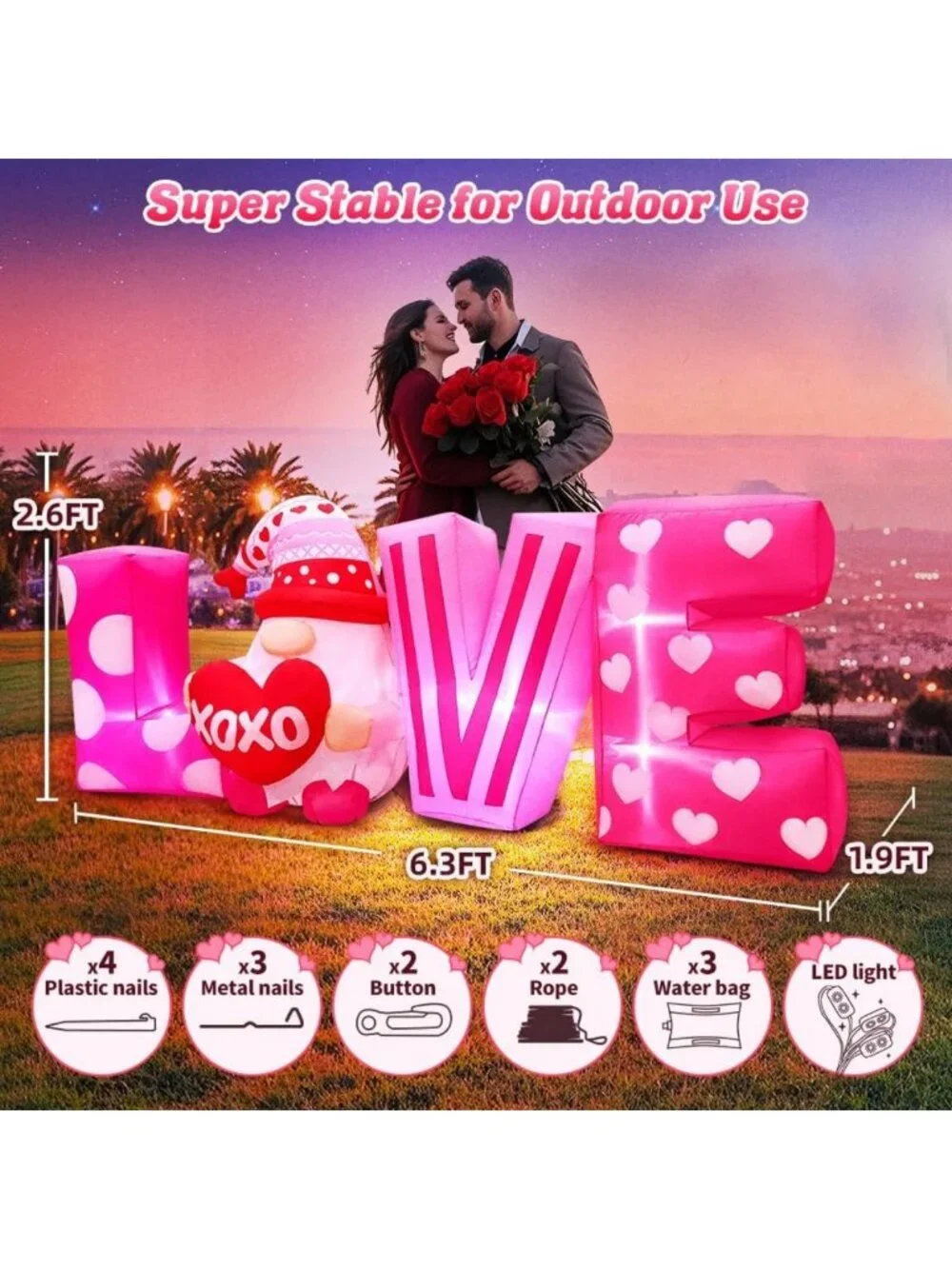6.3FT Inflatable Love Letters & Gnomes - Outdoor Decor for Weddings, Parties